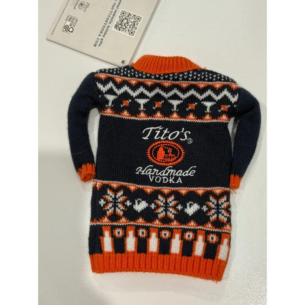 Titos Handmade Vodka Holiday Bottle Sweater Fair Isle Navy Orange White Mini